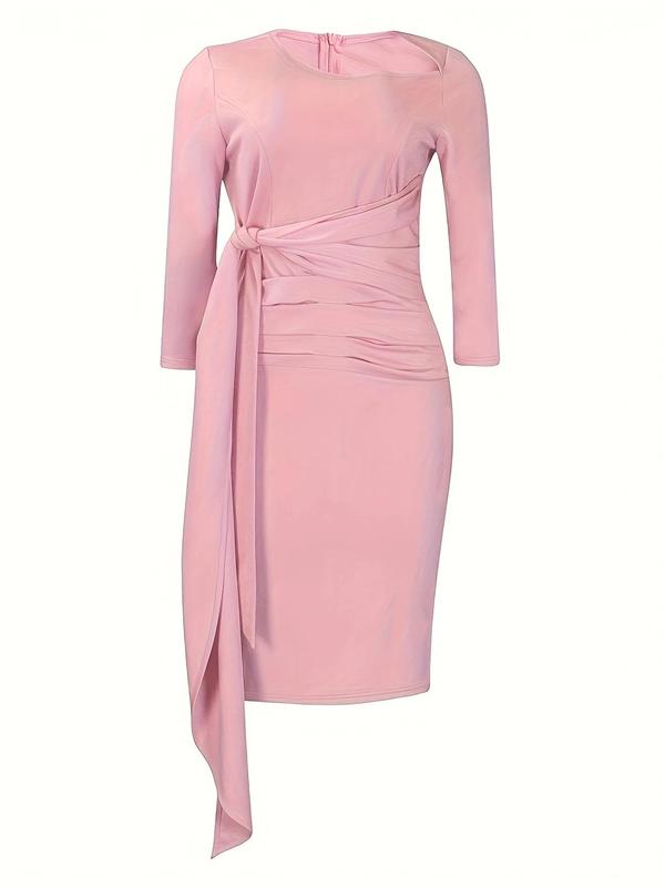 Women's Plain Knot Front Asymmetrical Neck Bodycon Dress, Elegant 3 4 Sleeve Knee Length Dress for Party Holiday Wedding Guest, Ladies Spring & Fall Clothes