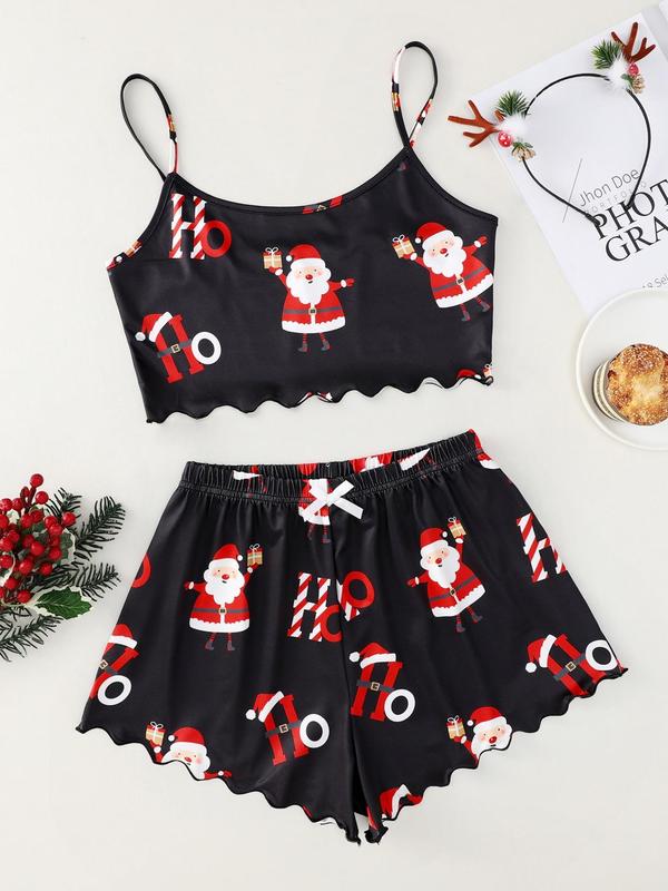 Two-piece Set Women's Christmas Cartoon Graphic Bow Pajamas Set, Comfort Scallop Trim Camisole & Elastic Waist Pants Loungewear Set for Fall, Christmas Pajamas, Comfort Homewear for Lady Birthday Gifts