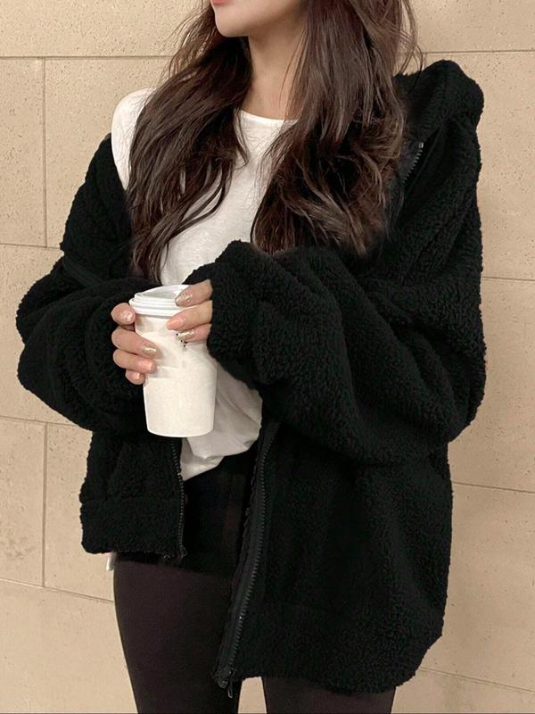 Women's Solid Color Drawstring Pocket Hooded Fuzzy Jacket, Casual Long Sleeve Zip Up Outerwear for Fall & Winter, Women's Clothes for Daily Wear