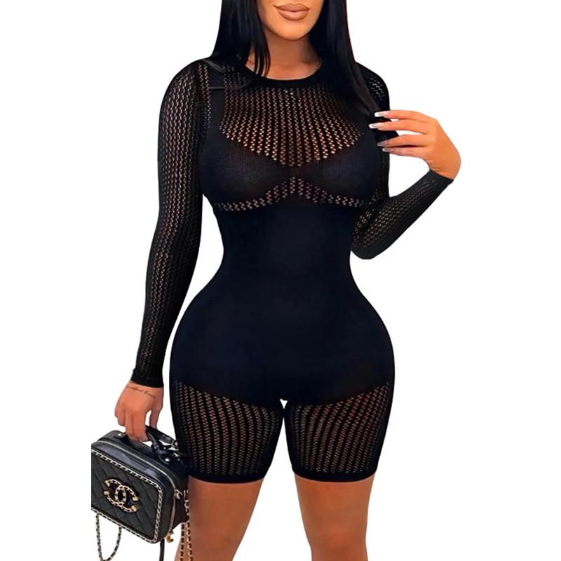 TOB Women's Sexy Long Sleeve See Through Outfit Sheer Mesh Hollow Out Romper