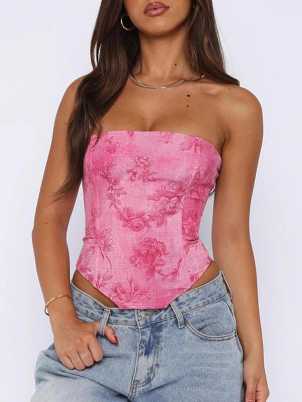 Women's Floral Print Lace Up Comfort Backless Grommet Eyelet Tube Top, Elegant Asymmetrical Hem Strapless Y2K Sleeveless Top for Summer, Ladies Clothes Womenswear for Daily Wear