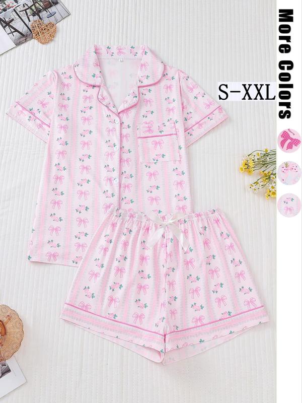 Two-Piece Set Women's All Over Bow Print Pocket Button Front Shirt & Bow Decor Shorts Pyjama, Casual Comfy Short Sleeve Lapel Top & Elastic Waist Shorts PJ Set, Ladies Summer Sleepwear, 2000s Wear 2000S Wear