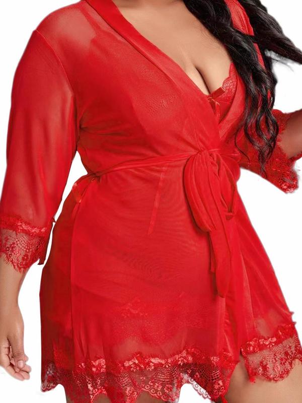 Plus Size Contrast Lace Sheer Robe & Bow Front Cami Nightdress & Thong Three-Piece Set, Fashion Belted Wrap Robe & Adjustable Strap Nightdress & Panty, Women's Sleepwear for All Seasons