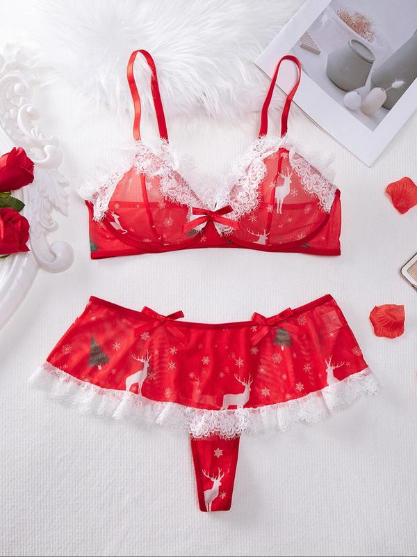 Women's Christmas Themed Pattern Contrast Mesh Sheer Bra & Bow Decor Thong Floral Lace Two-piece Set, Adjustable Strap Lingerie Set, Women's Lingerie & Underwear