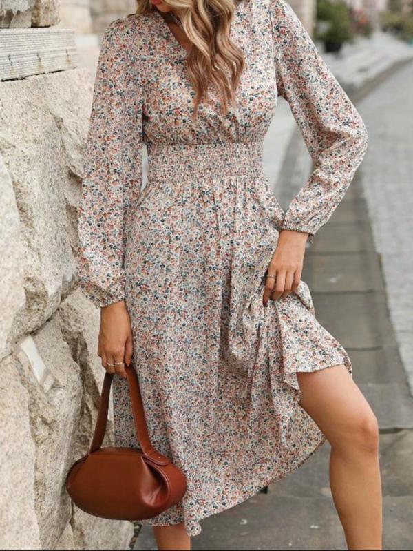 Women's Ditsy Floral Print Shirred A-line Dress, Elegant Bishop Sleeve V Neck Midi Dress for Spring & Fall, Women's Clothing for Daily Wear