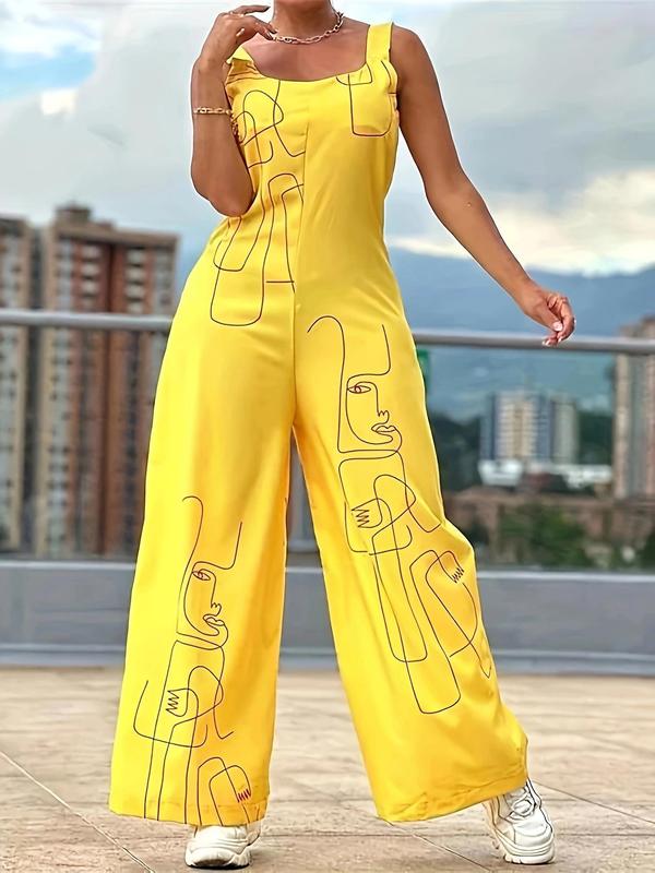 Women's Abstract Figure Print Square Neck Wide Leg Jumpsuit, Casual Fashion One-piece Jumpsuit for Summer, Ladies Clothes for Daily Wear