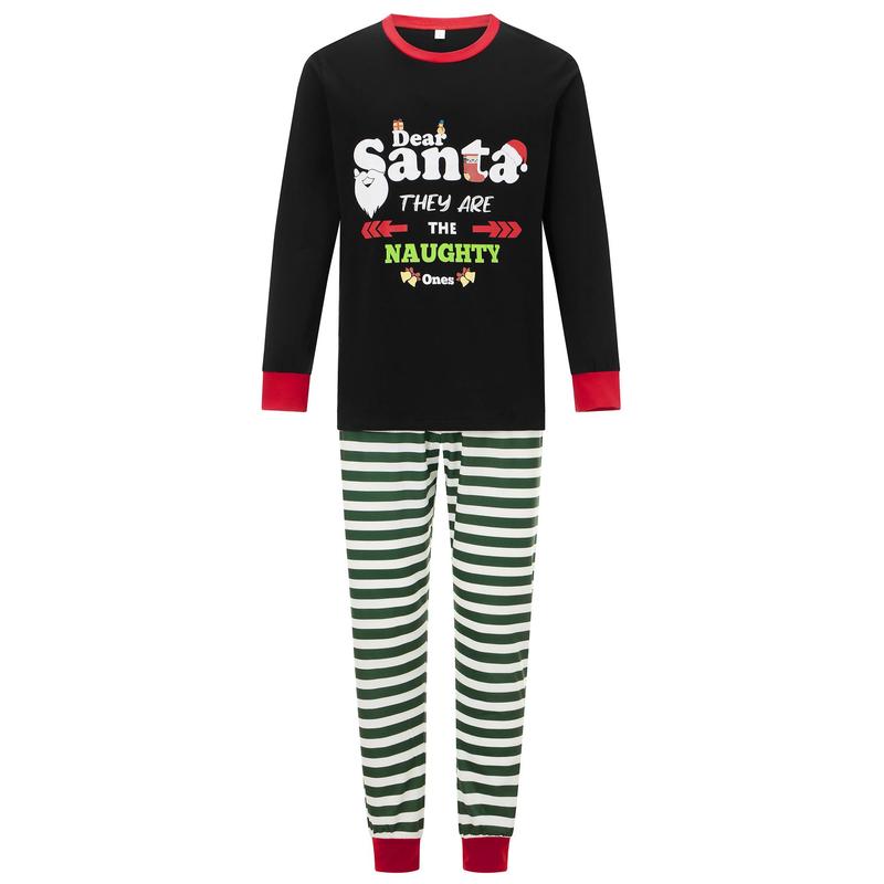 Matching Christmas Pajamas For Family, Long Sleeve Letters Print T-shirt with Striped Pants Sleepwear Loungewear