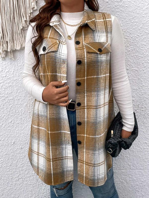  Plaid Print Button Front Pocket Vest Coat, Casual Sleeveless Collared Outerwear for Daily Wear, Winter Clothes Women, Women's Clothing for All Seasons