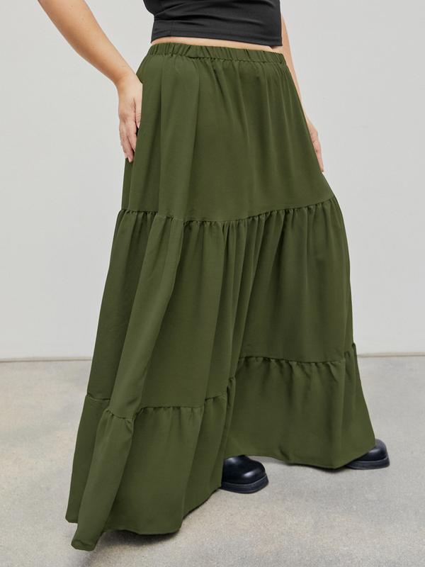 Cider [10 colors, size 0-26] Boho Elastic High Waist Pleated A-line Ruffle Lace Trim Tiered Midi Skirt with Slit, Beach Skirt, Picnic Outfit