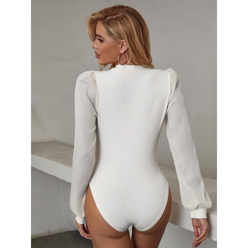 Solid Surplice Neck Bodysuit, Elegant Illusion Long Sleeve Skinny Bodysuit, Women's Clothing