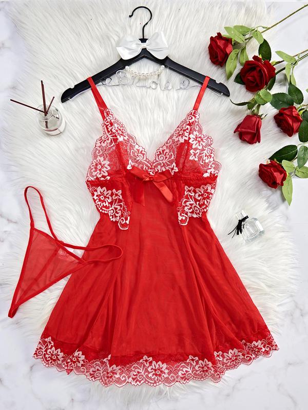 Plus Size Contrast Floral Lace Bow Decor Cami Nightdress & Sheer Thong Sexy Lingerie Two-piece Set, Adjustable Strap Nighty Dress & Panty Set, Women's Sleepwear Set for All Seasons