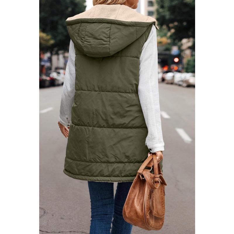 Women's 2024 Fall Reversible Vest Sleeveless Wool Jacket Zipper Hoodie Pocket Long Warm Winter Coat long  puffy vest  for women