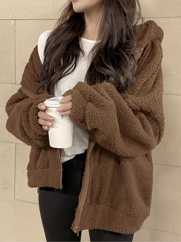 Women's Solid Color Drawstring Pocket Hooded Fuzzy Jacket, Casual Long Sleeve Zip Up Outerwear for Fall & Winter, Women's Clothes for Daily Wear