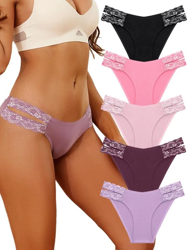 Women's Contrast Lace Cut Out Panty, Soft Comfy Breathable Seamless Knicker For, 5 Counts Summer Panties, Summer Wear 2024, Underwear for Daily Wear