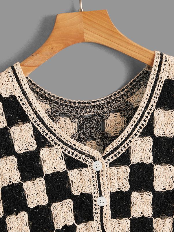 Button Front V Neck Sleeveless Crochet Plaid Checkered Knit Sweater VestY2K