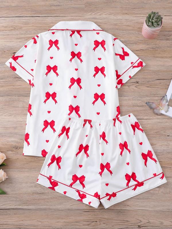 Two-Piece Set Women's Bow Print Short Sleeve Tee & Elastic Waist Shorts Pyjama, Casual Comfy Round Neck T-shirt & Shorts PJ Set, Ladies Summer Sleepwear