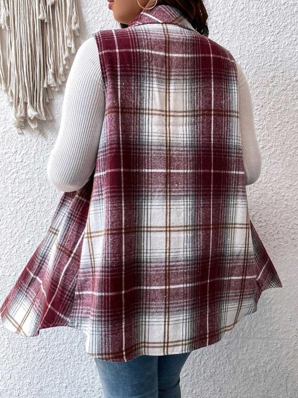  Plaid Print Button Front Pocket Vest Coat, Casual Sleeveless Collared Outerwear for Daily Wear, Winter Clothes Women, Women's Clothing for All Seasons