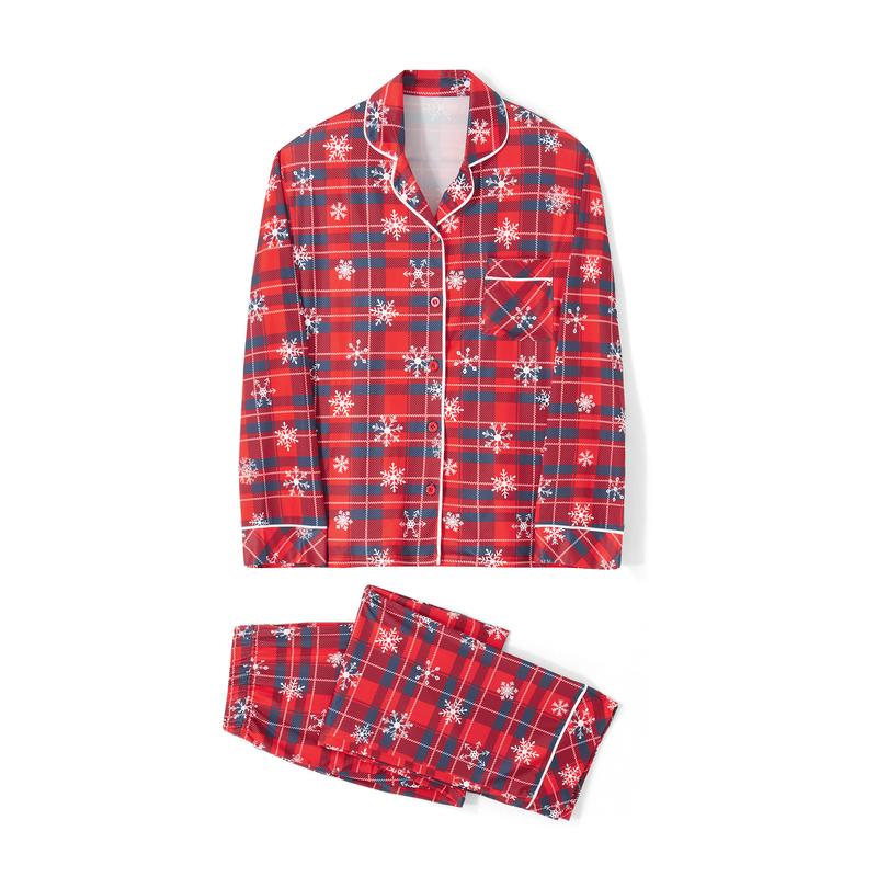 Red Matching Christmas Pajamas For Family Snowflake Plaid Print Long Sleeve Button Tops and Casual Pants Sleepwear