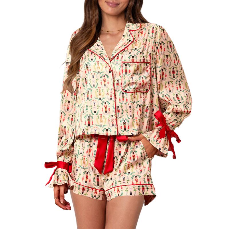 Women Two Piece Christmas Pajamas Set Bow Tie Long Sleeve Button Shirt Ruffle Shorts Colorful Print Pjs Sets Sleepwear