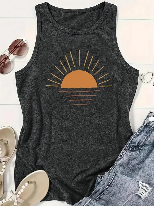 Women's Cartoon Sun Print Round Neck Tank Top, Casual Sleeveless Top, Summer Tops, Ladies Summer Clothes for Daily Wear