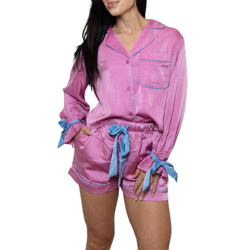 Women Two Piece Christmas Pajamas Set Bow Tie Long Sleeve Button Shirt Ruffle Shorts Colorful Print Pjs Sets Sleepwear