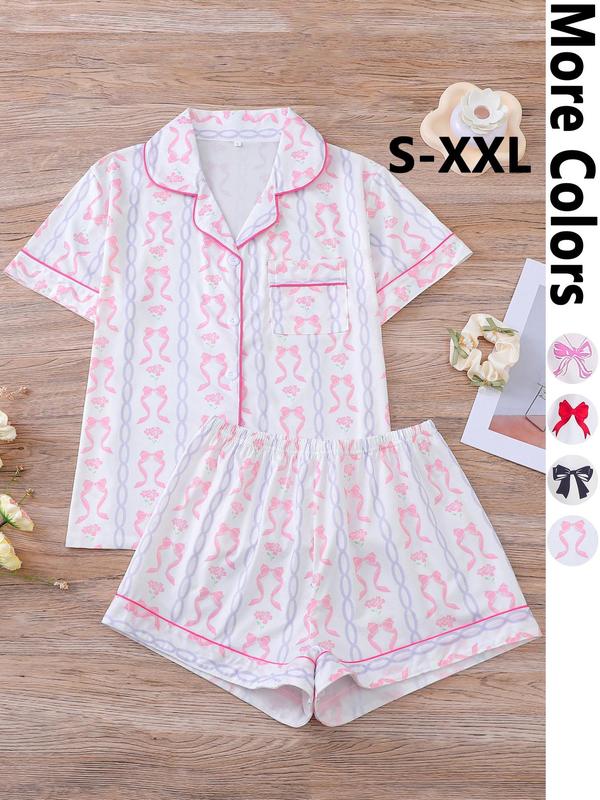 Two-Piece Set Women's Bow Print Short Sleeve Tee & Elastic Waist Shorts Pyjama, Casual Comfy Round Neck T-shirt & Shorts PJ Set, Ladies Summer Sleepwear