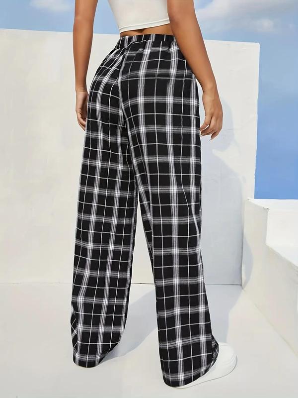 Women's Plaid Tie Front Elastic Waist Straight Leg Pants, Comfort Womenswear Bottom, Casual Preppy Trousers for Lady Teen Girls Daily Wear Outdoor