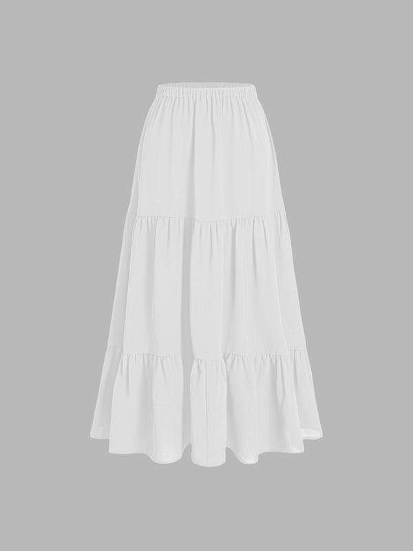 Cider [10 colors, size 0-26] Boho Elastic High Waist Pleated A-line Ruffle Lace Trim Tiered Midi Skirt with Slit, Beach Skirt, Picnic Outfit