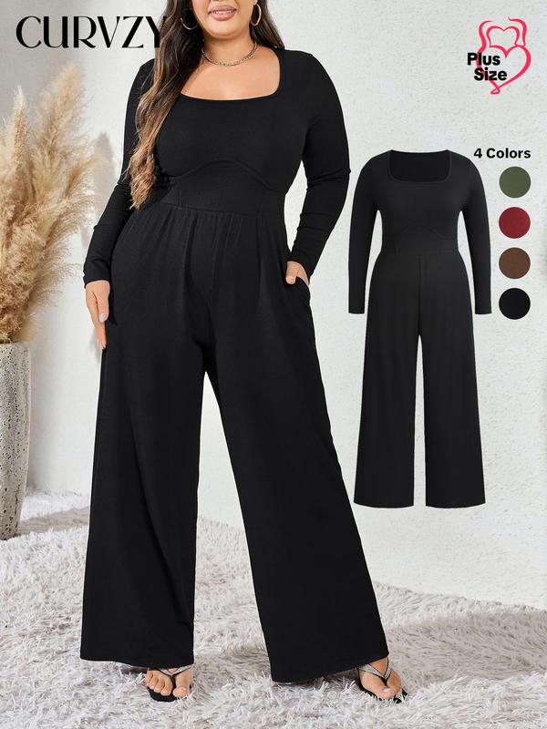 CURVZY Christmas Deals, Plus Size Solid Pocket Wide Leg Jumpsuit, Casual Long Sleeve Scoop Neck Jumpsuit for Daily Wear, Women's Clothing for All Seasons, Christmas 2024 Trend, Fall & Winter Clothes