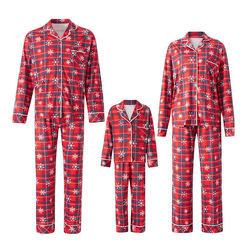 Red Matching Christmas Pajamas For Family Snowflake Plaid Print Long Sleeve Button Tops and Casual Pants Sleepwear