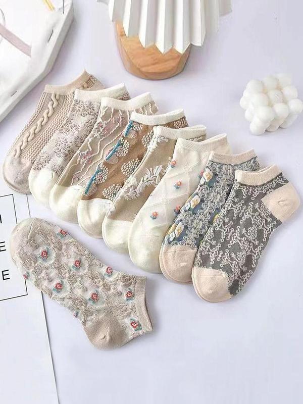 Women's 9 Pairs Floral Print Ankle Socks, Casual Comfort Breathable Knit Socks for Lady, Low Cut Thin Fabric Socks for Girls, Womenswear, Women's Socks & Hosiery