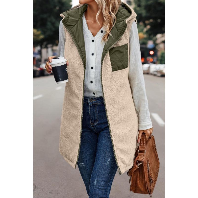 Women's 2024 Fall Reversible Vest Sleeveless Wool Jacket Zipper Hoodie Pocket Long Warm Winter Coat long  puffy vest  for women