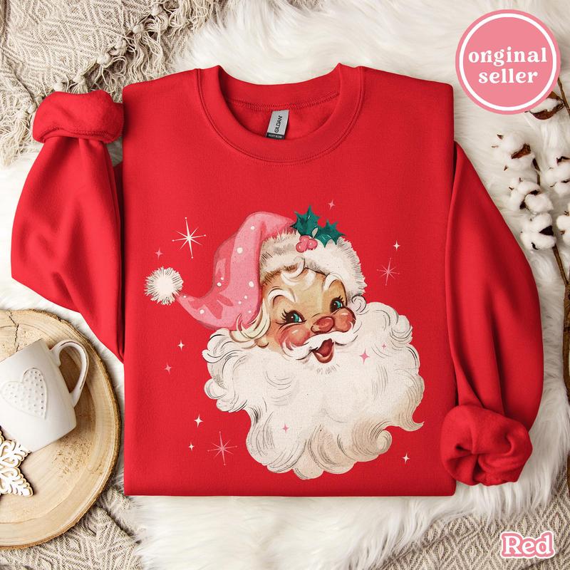 Pink Santa Christmas Sweatshirt Gift for Her, Pink Christmas PJs Matching Family Pajamas Retro Christmas Shirt Vintage Holiday Sweater