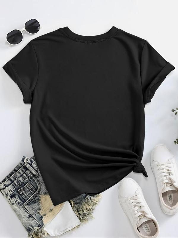 Women's Letter & Book & Girl Print Round Neck Graphic Tee, Vintage Trendy Casual Drop Shoulder Short Sleeve T-shirt for Daily Wear, Ladies All Seasons Outfit