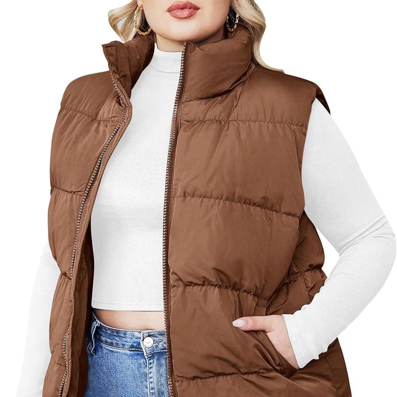 Holiday Haul IN'VOLAND Women's Plus Size Zip Up Puffer Vest Stand Collar Outerwear Sleeveless Padded Jacket Coat with Pockets Womenswear Fabric Adjustable Bodycon Cute Denim Dress