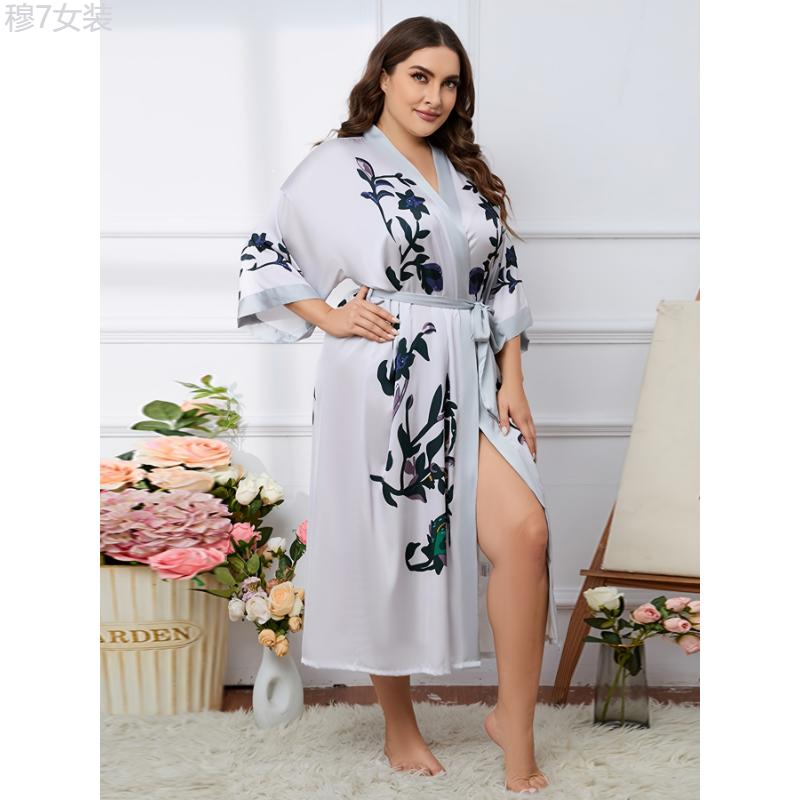 Plus Size Elegant Long Robe - Soft Graphic Print, Long Sleeve, Slight Stretch, One-Size Fits Most, Comfortable, Luxurious, Ramadan-Inspired Design, Women's Bathrobe for Relaxation Womenswear Collar Dress Loungewear Gowns Nightwear bridal robes Fabric