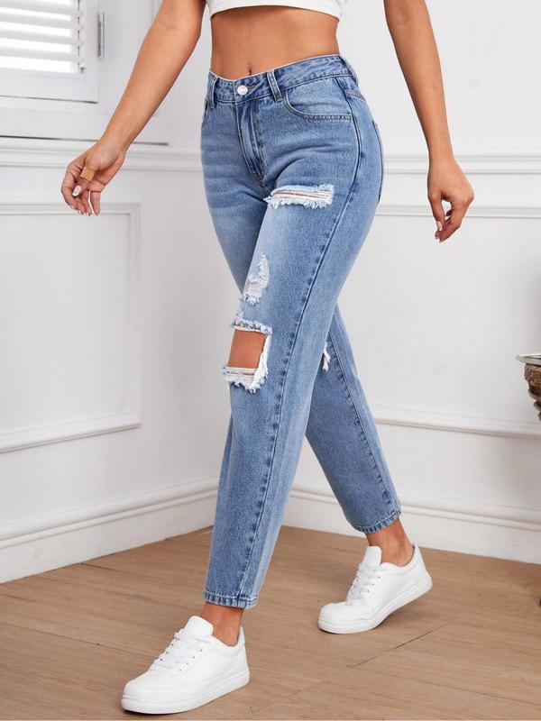 Women's Basic Plain Button Pocket Ripped Vintage Jeans, Summer Clothes, Jeans for Women, Fashion Streetwear, Minimalist Comfort High Waist Distressed Denim Pants, for Daily Wear, Womenswear Trouser