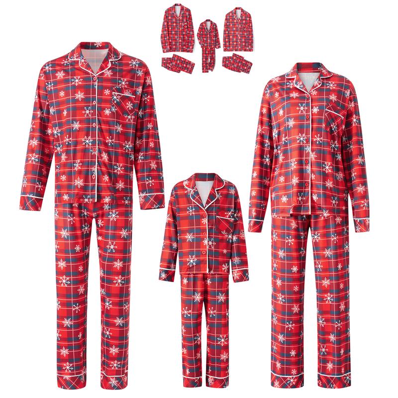 Red Matching Christmas Pajamas For Family Snowflake Plaid Print Long Sleeve Button Tops and Casual Pants Sleepwear