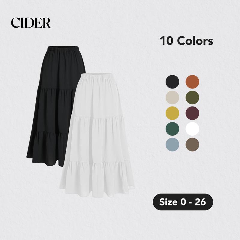 Cider [10 colors, size 0-26] Boho Elastic High Waist Pleated A-line Ruffle Lace Trim Tiered Midi Skirt with Slit, Beach Skirt, Picnic Outfit