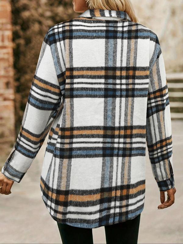 Women's Plaid Print Button Front Drop Shoulder Shirt, Casual Long Sleeve Pocket Collared Top for Fall & Winter, Ladies Clothes for Daily Wear