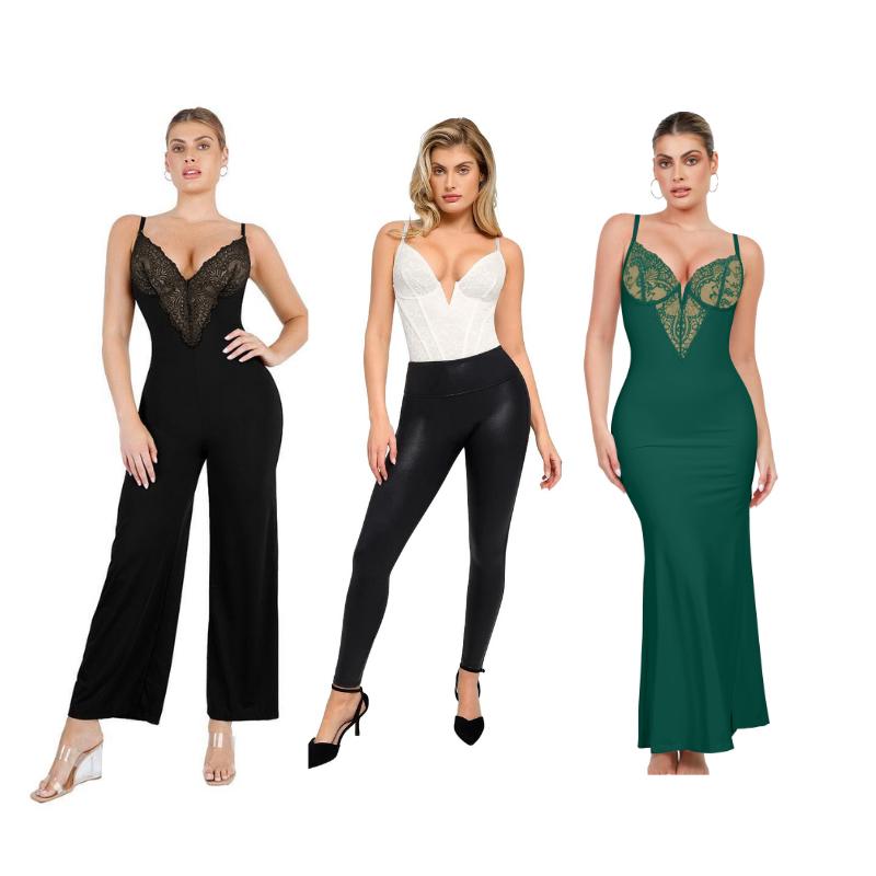 Popilush Built-In Shapewear Lace Dress & Lace Wide-Leg Jumpsuit & Lace Corset Style Deep-V Neck Shapewear Bodysuit Official Live