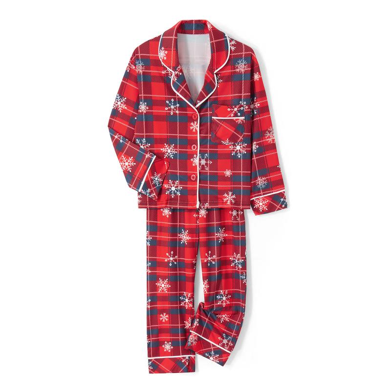 Red Matching Christmas Pajamas For Family Snowflake Plaid Print Long Sleeve Button Tops and Casual Pants Sleepwear