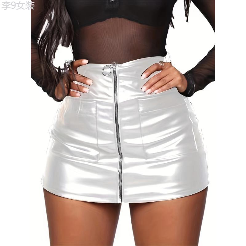 Mini PU Leather Skirt with Zipper & Pocket Front, Women's Clothing Fabric Polyester