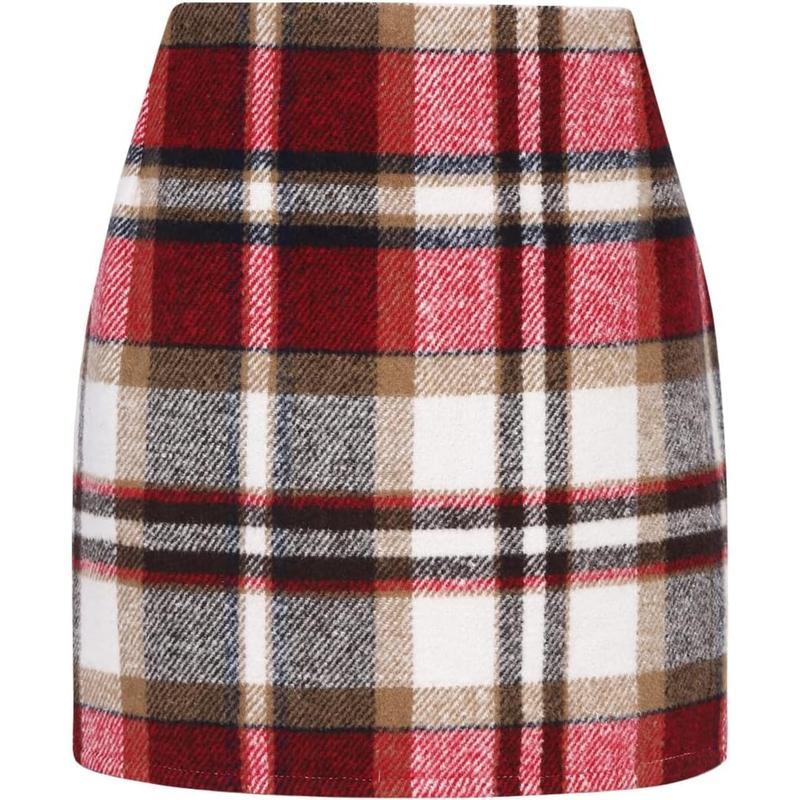 Women's High-Waisted Plaid Half Skirt Christmas Skirt Fall and Winter Versatile Skirt Pencil Wool Mini Skirt Multi-Color Optional Women's Elastic