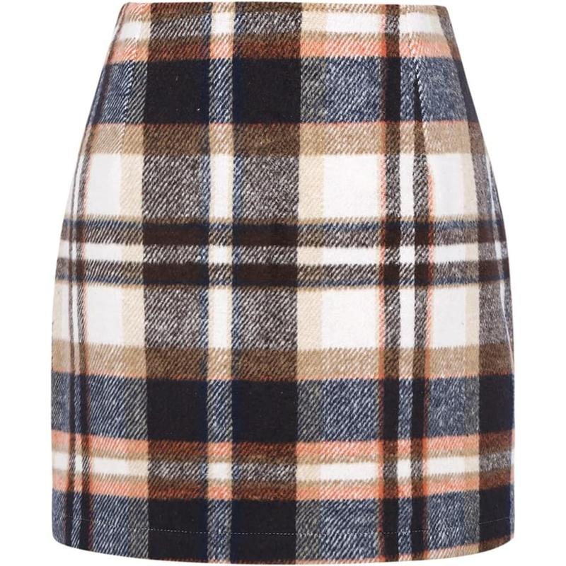 Women's High-Waisted Plaid Half Skirt Christmas Skirt Fall and Winter Versatile Skirt Pencil Wool Mini Skirt Multi-Color Optional Women's Elastic