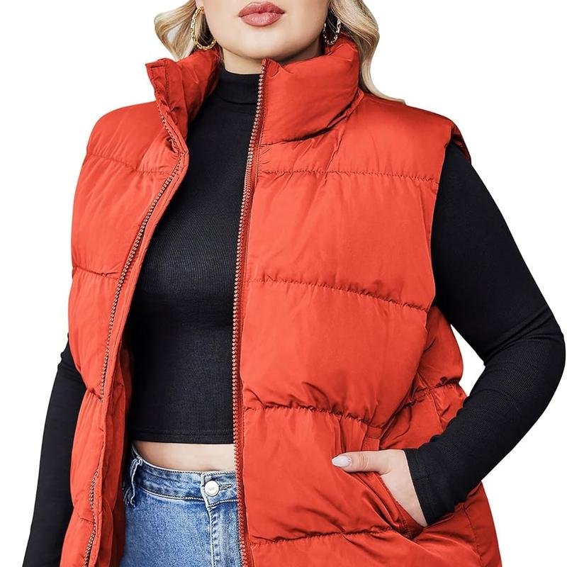 Holiday Haul IN'VOLAND Women's Plus Size Zip Up Puffer Vest Stand Collar Outerwear Sleeveless Padded Jacket Coat with Pockets Womenswear Fabric Adjustable Bodycon Cute Denim Dress