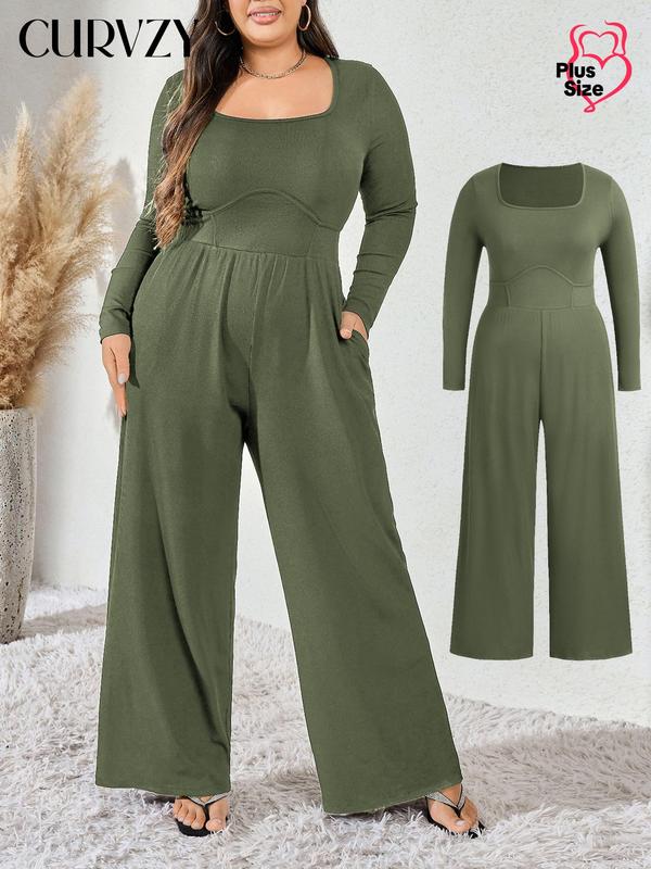 CURVZY Christmas Deals, Plus Size Solid Pocket Wide Leg Jumpsuit, Casual Long Sleeve Scoop Neck Jumpsuit for Daily Wear, Women's Clothing for All Seasons, Christmas 2024 Trend, Fall & Winter Clothes