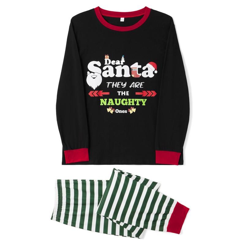 Matching Christmas Pajamas For Family, Long Sleeve Letters Print T-shirt with Striped Pants Sleepwear Loungewear