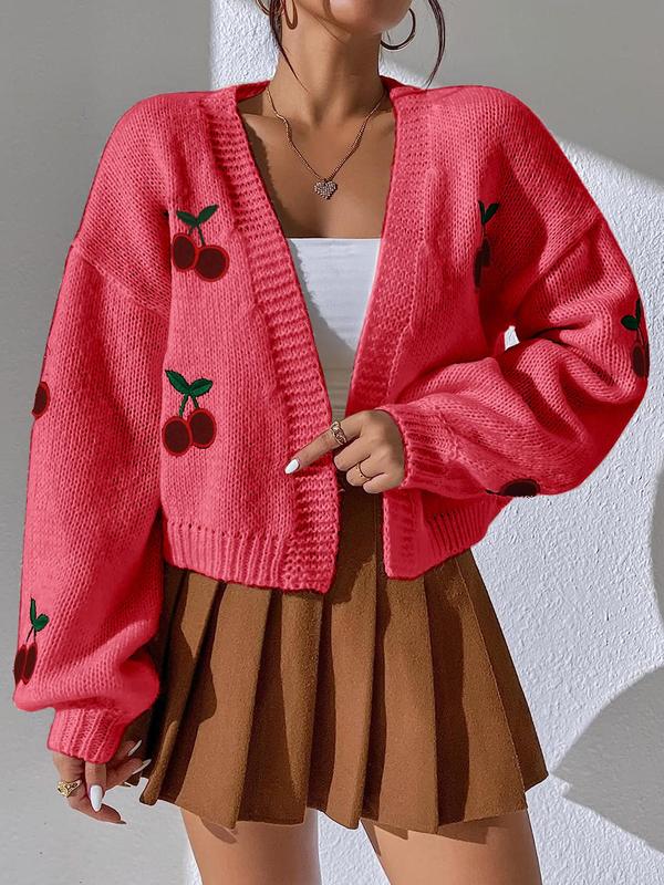 Women's Cute Cherry Print Open Front Drop Shoulder Cardigan, Fitted Knitting Vneck Lady Top, Comfort Casual Longsleeves Knitwear Top for Fall, Cardigan Sweater, Women's Simple Outerwear, Spring Outfit, Fall Outfits, Fallfreshness, Casual Outfit