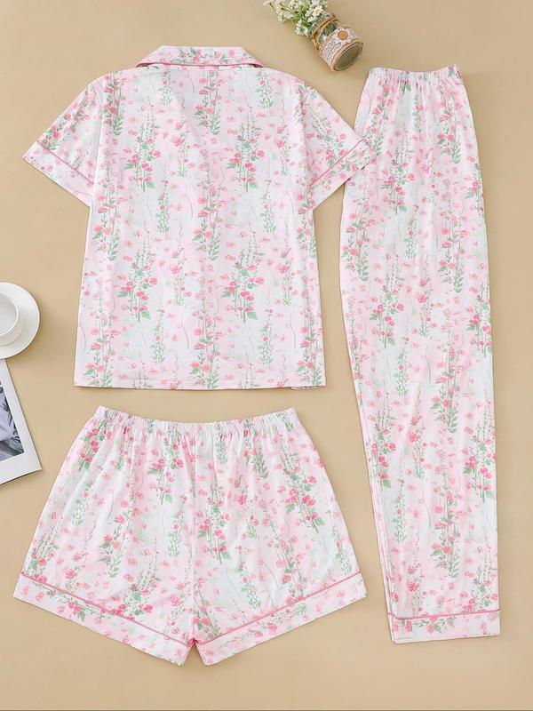 Three-Piece Set Women's Floral Print Lapel Pocket Shirt & Elastic Waist Pants & Shorts Pyjama Set, Casual Comfy Short Sleeve Button Up Top & Trousers & Shorts PJ Set, Ladies Sleepwear for All Seasons